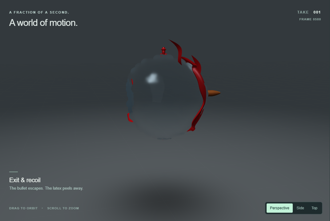 The actual Rupture render: a copper projectile leaving a red water balloon, with the exposed water still visibly synthetic.
